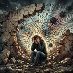 Person sitting on rubble holding head surrounded by chaotic anxious thoughts