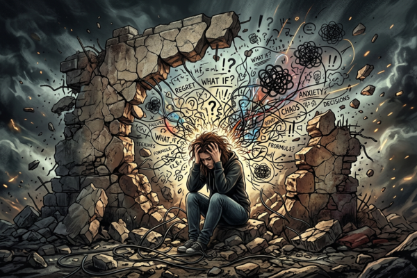 Person sitting on rubble holding head surrounded by chaotic anxious thoughts