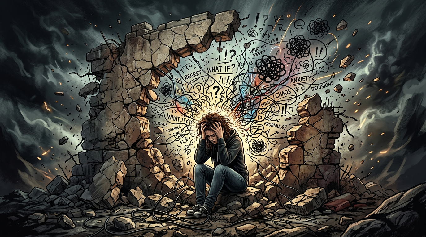Person sitting on rubble holding head surrounded by chaotic anxious thoughts